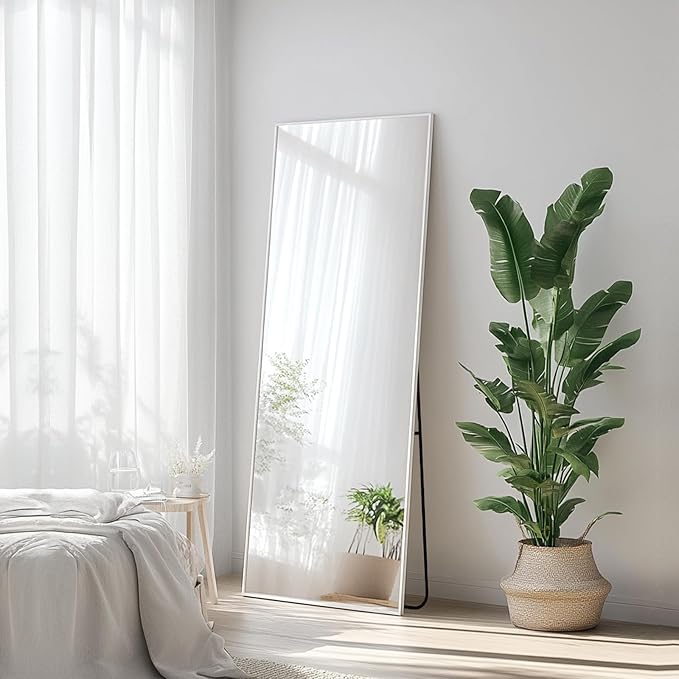 Sunniry Full Length Mirror with Stand, Full Body Mirror with Aluminum Metal Frame, Standing Mirrors for Bedroom, Livingroom, Bathroom, Hallway, Cloakroom, Wedding. (56x16 inch, White)