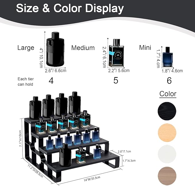4 Tier Perfume Organizer for Men, Cologne Organizer Stand,Display Shelf Stands for Dresser,Wooden Shelf Display Risers for Party,Makeup,Figures,Cupcake,Dessert (Black, 4 Tiers-Width=14")