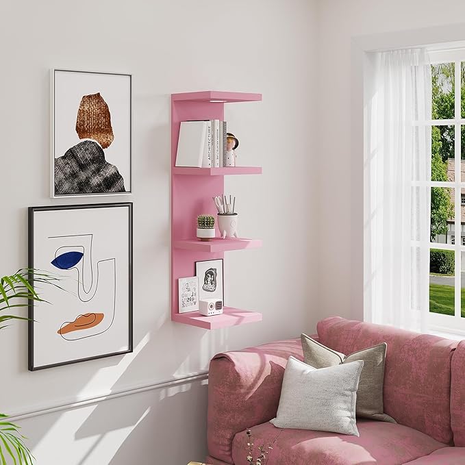 LitaEther Versatile 4 Tier Wall Shelf Unit,Pink Lack Wall Shelf,Display Floating Shelf with LED Remote Control Light