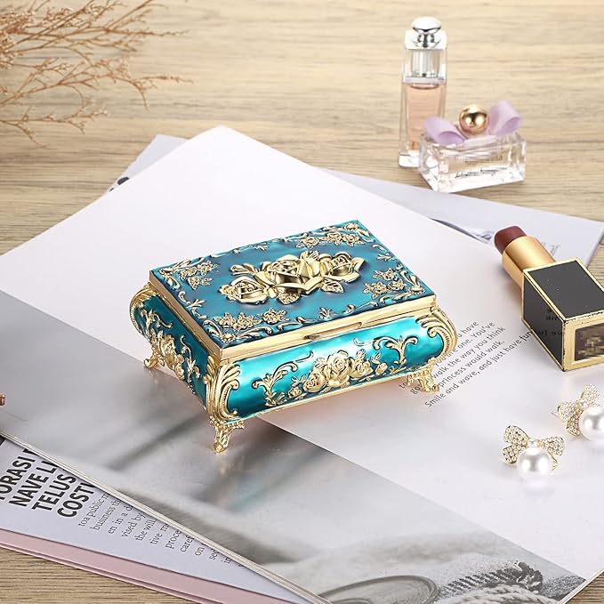 Hipiwe Vintage Metal Jewelry Box Small Treasure Chest Case Trinket Organizer Earrings Necklace Bracelet Storage Box Ring Box Holder Keepsake Box for Women