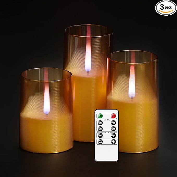 kakoya Flameless Candles Upgraded Realistic Flickering Flame,Battery Operated LED Candles with Remote Timers,Acrylic Electric Candles Set of 3(D 3" xH 4" 5" 6")（Gold）