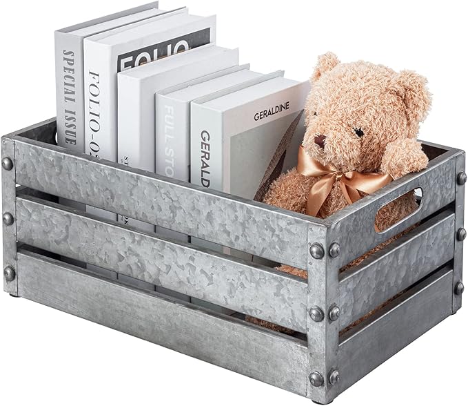 MyGift 16-inch Rustic Silver Galvanized Metal Storage Crate Display Box with Vintage Corner Studs & Handles