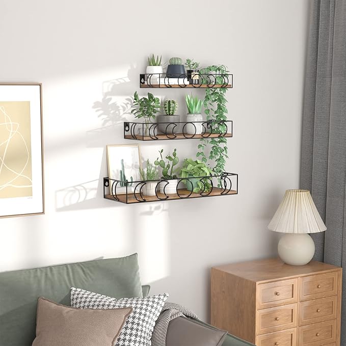 PHAREGE Moon Phase Floating Shelves Brown Black, Set of 3 Small Decorative Wall Shelves for Book Plant Storage, Crystal Figurine Collectibles Display Shelf for Bedroom Kid Room