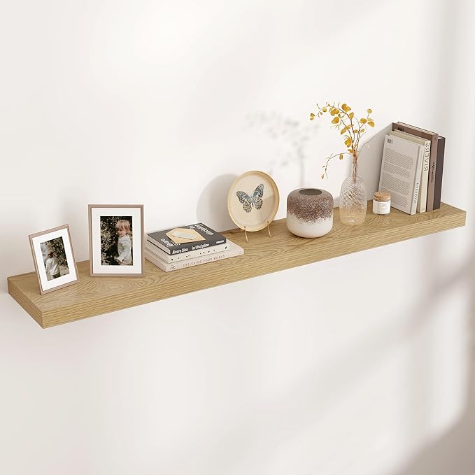 Venusmiles Floating Shelves for Wall, Engineered Wood Wall Shelves with Invisible Brackets for Living Room Bedroom Bathroom Office Kitchen Decor and Storage (Oak, 55" W x 9" D x 1.5" H) Set of 1