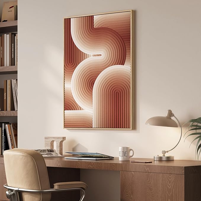 3D Textured Framed Boho Neutral Wall Art, Modern Terracotta Carved Geometric Paintings Artwork for Walls, Minimalist Wavy Line Pictures for Living Room Bedroom Dining Room Hallway Wall Decor 24x36 In