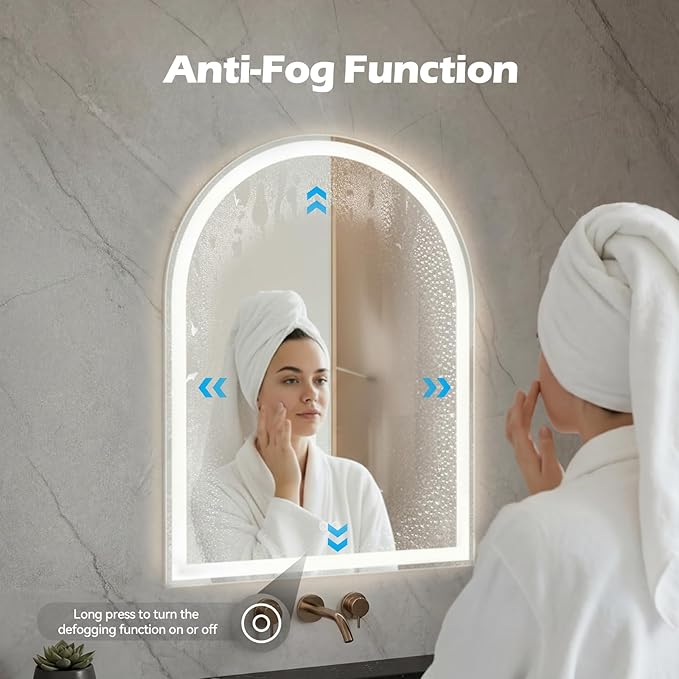 Sweetcrispy 20“×28” LED Bathroom Backlit Mirror with Lights, Arched Vanity Mirror with Anti-Fog, Dimmable, 3-Color Light, Memory Function, Tempered Glass