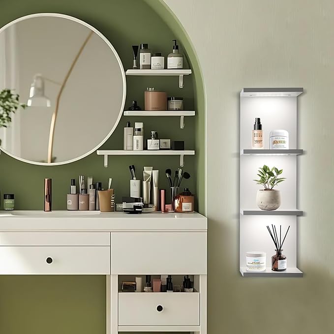 VIWODS 4-Tier Wall Shelf Unit with LED Lights, Floating Lack Shelf for Home Decor, Wall Mounted Vertical Display Shelf for Bedroom Living Room Vanity, White