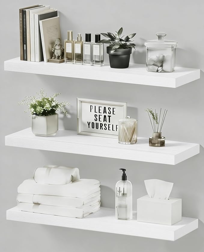 Easy Install Floating Shelves, 15.7 Inch Wall Mounted Wooden Shelf, Small Hanging Shelf for Home Decor, Books and Storage, Organizer for Bedroom, Bathroom, Kitchen, Set of 3, White