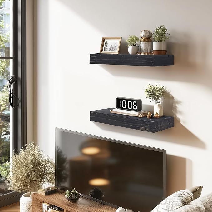 17x6.8x2 Inch Rustic Floating Shelves for Wall Set of 2 - Black Solid Wood Wall Mounted Shelves with Invisible Bracket, Compact Design for Farmhouse Living Room Bedroom Kitchen Decor