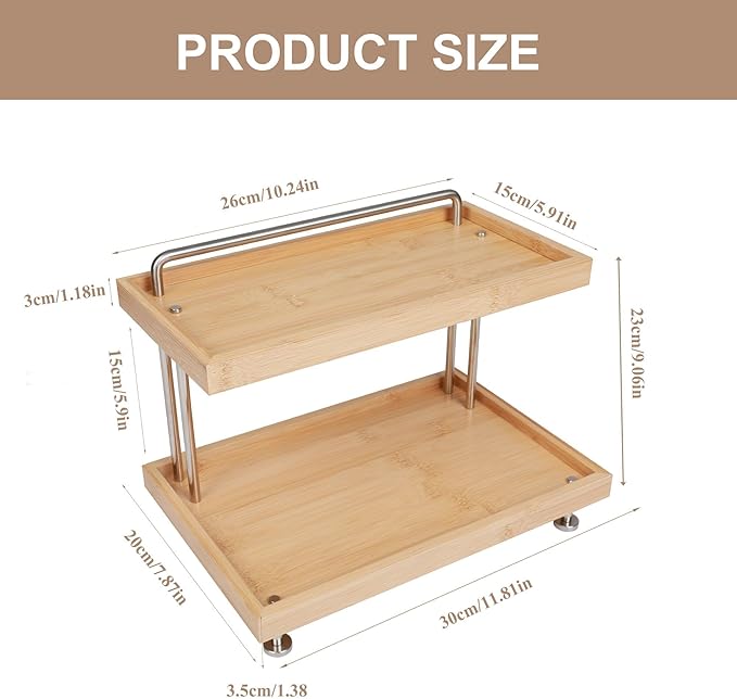 HYNAWIN Bamboo Two-Tier Storage Rack，Tabletop Storage Organizer for Kitchen, Bathroom, Office, and Home Use