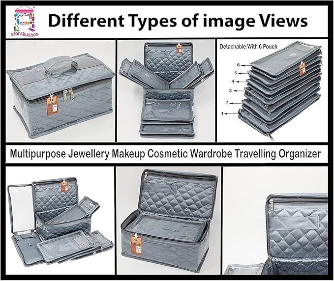 atorakushon Satin Makeup Kit Travel Jewelry Organizer Locker Box Pouch Clutch Bag for Necklaces Earrings Rings and Bracelets Grey Color