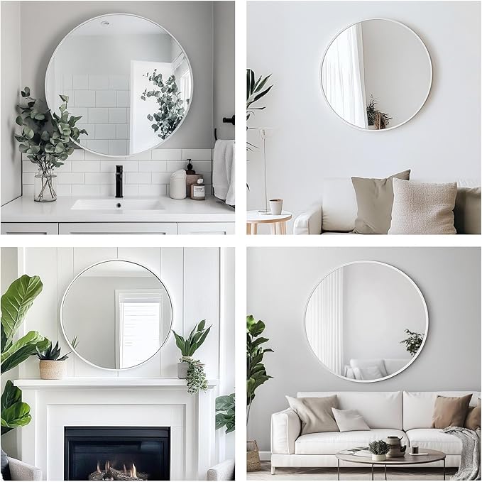 Oruii White Round Mirror, White Round Mirror 24 inch, Circle Bathroom Mirrors Metal Frame, Circle Mirrors for Wall, Bathroom, Over Sink, Living Room, Entryway, Vanity