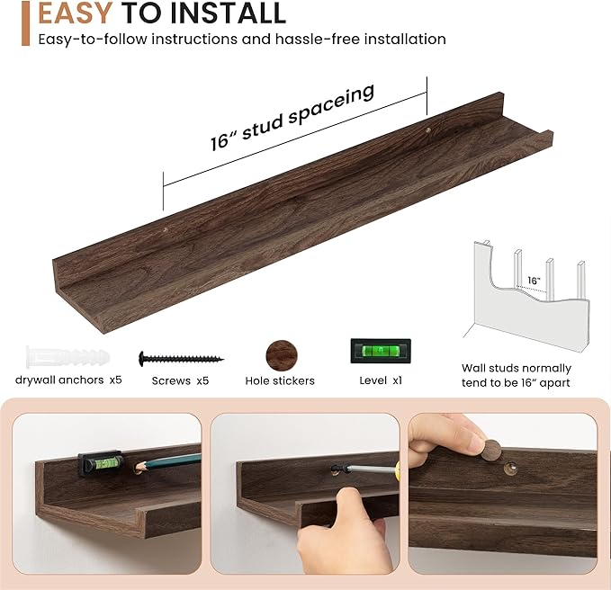 Dreamland Picture Ledge Shelf for Wall, Floating Shelves Set of 2, 32 Inch Long Floating Shelves with Lip for Living Room, Bedroom, Bathroom, Kitchen, Walnut