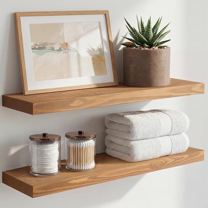 Homeforia 24 inch Golden Oak Floating Shelf, High End Solid Real Wood 24inch Small Floating Shelves for Wall Mounted, Oak Wooden 24in Floating Shelves, Heavy Duty Bracket, 24 X 6.5 X 1.75 in, Set of 2