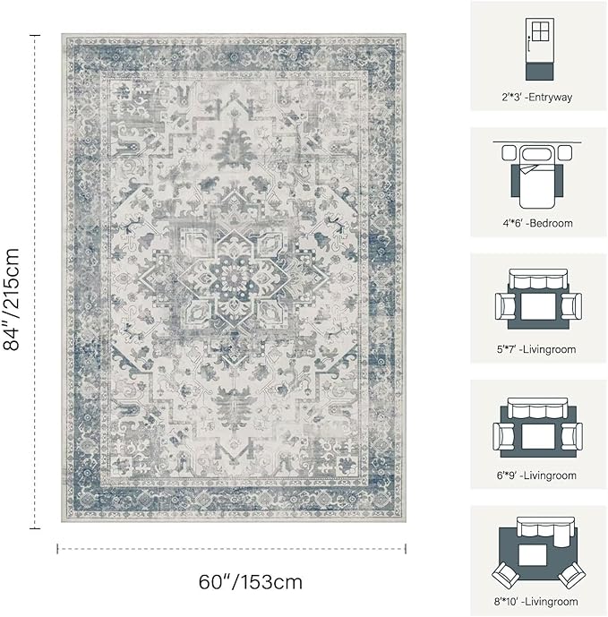 Rugxara Area Rugs 5x7, Washable Rugs for Living Room, Vintage Boho Light Blue Rug for Office, Dining Room, home decorKids Room and Farmhouse,Home Decor Durable Low Pile Non-Slip for High Traffic Areas
