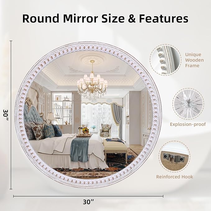 30 Inch Rustic Farmhouse Round Wood Wall Mirror, HD Decorative Circle Mirrors for Bathroom Over Sink, Entryway, Living Room& Bedroom