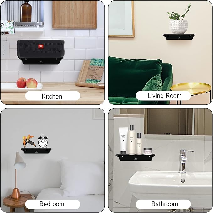 TXEsign Acrylic Floating Shelves Wall Mount Shelf 2 Pack Acrylic Speaker Shelves Adhesive Floating Shelf Organizer Holder for Bathroom Decor, Bedroom, Living Room and Kitchen (Black)