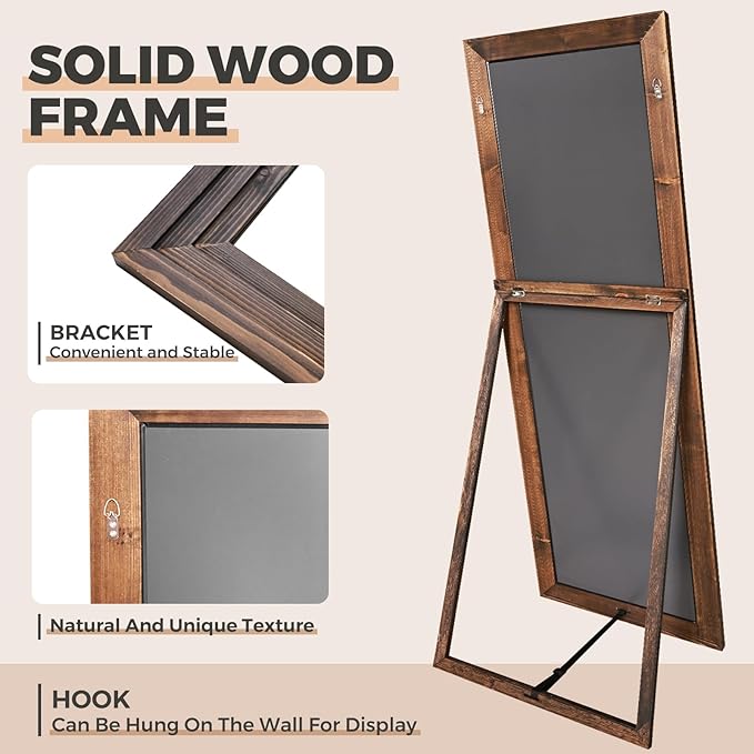65"x22" Full Length Mirror Solid Wood Frame Floor Mirror with Stand for Living Room, Bedroom Hanging Standing or Leaning, Brown