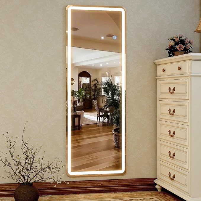 GLSLAND LED Full Length Mirror - 56" x 20" Floor Standing Mirror with Light for Bedroom/Cloakroom -Dimmable & 3 Color Lighting/Wall Mounted Full Body Mirrors