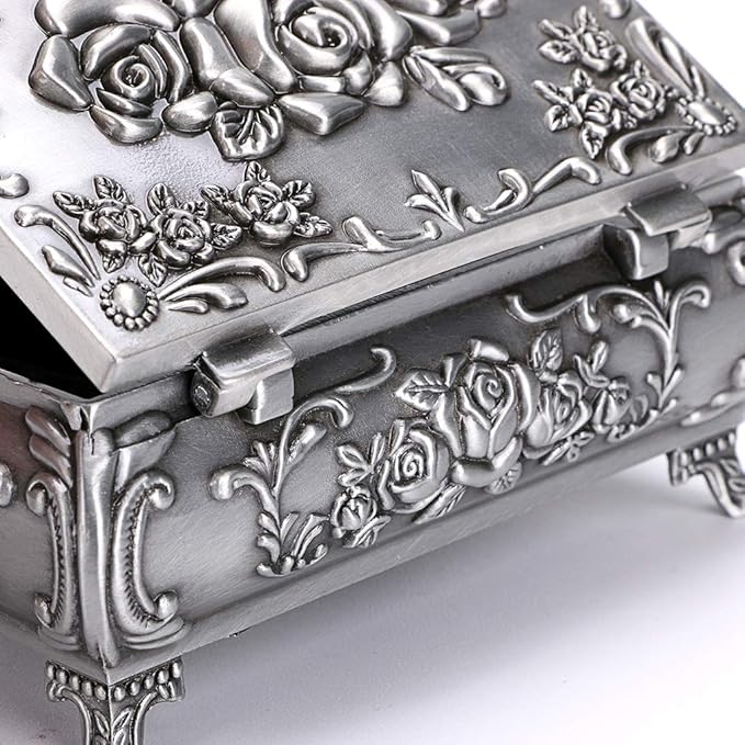 Hipiwe Vintage Metal Jewelry Box Small Trinket Jewelry Storage box For Rings Earrings Necklace Treasure Chest Organizer Antique jewelry Keepsake gift Box Case for Women (Small)
