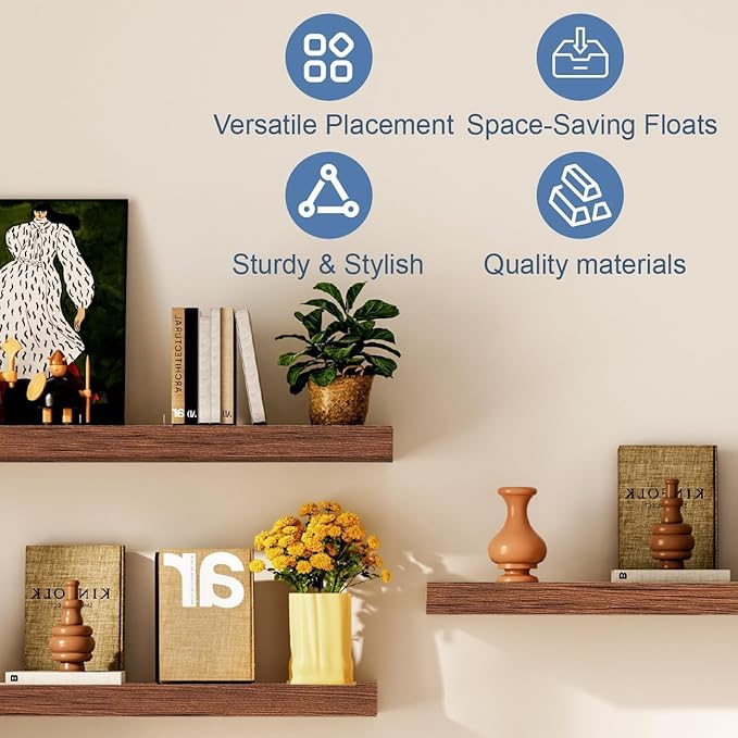 Floating Shelves for Wall, Bathroom Shelves Over Toilet, Wall Shelves & Book Shelf, Hanging Shelf, Modern Wooden Wall-Mounted Small Floating Shelves, 12x7x1.5 in (Walnut-Like, Set of 2)