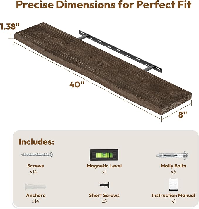 Vivelove Live Edge Floating Shelves Solid Wood, Elm Shelves for Wall with Invisible Bracket for Living Room Bedroom Bathroom Office Book, Rustic Farmhouse Wooden Shelf, 40 Inch Set of 2- Dark Walnut