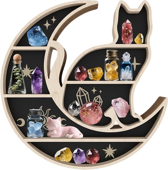 peacoblue Moon and Cat Shaped Crystal Display Shelf 11.1" L× 11.8" W× 1.2" Wooden Wall Mounted Decor for Crystals, Gemstones & Trinkets for Bohemian, Witchy & Modern Interiors