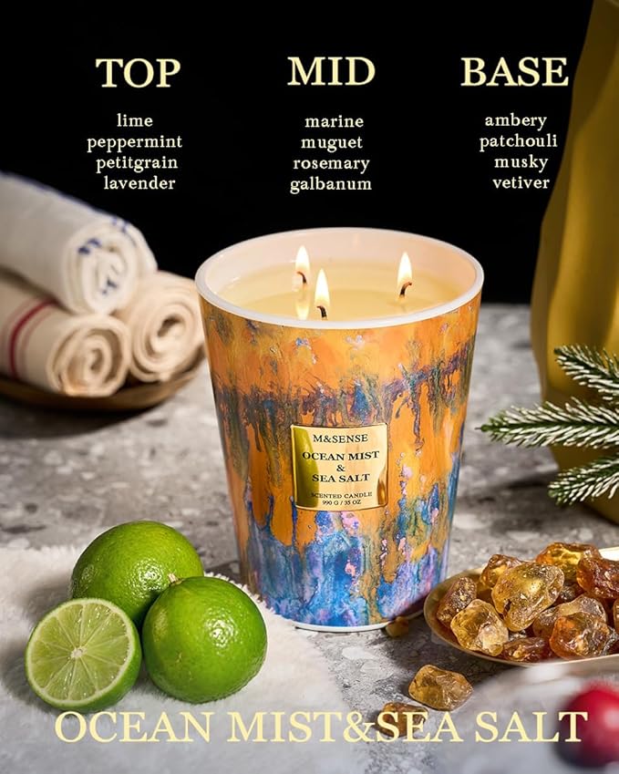 M&SENSE Large 3-Wick Ocean Scented Soy Candle, 35oz 150 Hours Non-Toxic, Fresh Spring Spa Home Fragrance, Decorative Relaxing Candle for Home Decor