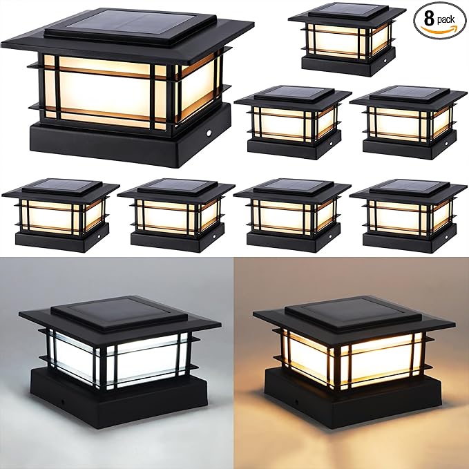 Dynaming 4x4 Solar Post Cap Lights Outdoor with 2 Color Modes, Fence Post Solar Lights Black Shell Fit for Vinyl/Wooden Posts, High Brightness SMD LED Lighting Decor for Garden Deck Patio, 8 Pack