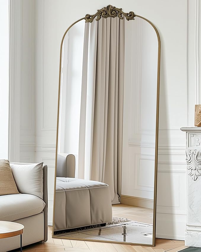 Vintage Full Length Mirror,76"x34" Arched Antique Floor Mirror with Carved Metal Frame,Large Standing Wall Mounted or Leaning Mirror for Bedroom Living Room Entryway,Bronze