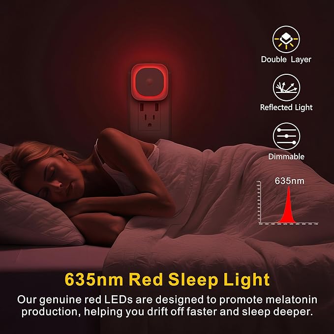 YUNLEX 2 Pack Plug in Red Sleep Night Light with Motion Sensor & Dusk to Dawn Sensor, Soft Glow, 0% Blue Light True Red, Dimmable, Auto On/Off, LED Lights for Bedroom, Sleep, Kids, Bathroom, Hallway