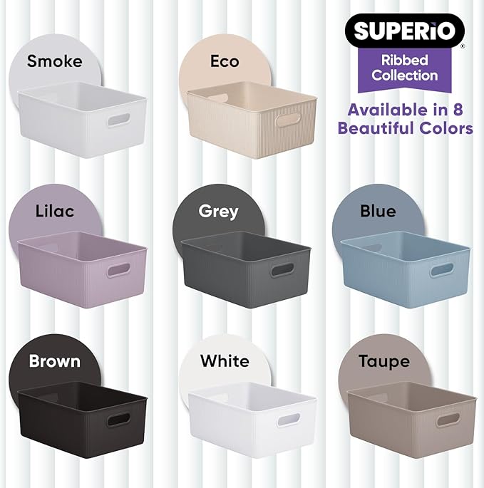 Superio Ribbed Collection - Decorative Plastic Basket Open Home Storage Bins Organizer, Large Taupe (6 Pack) Container Boxes for Organizing Closet Storage Bins for Shelves 15 Liter/16 Quart