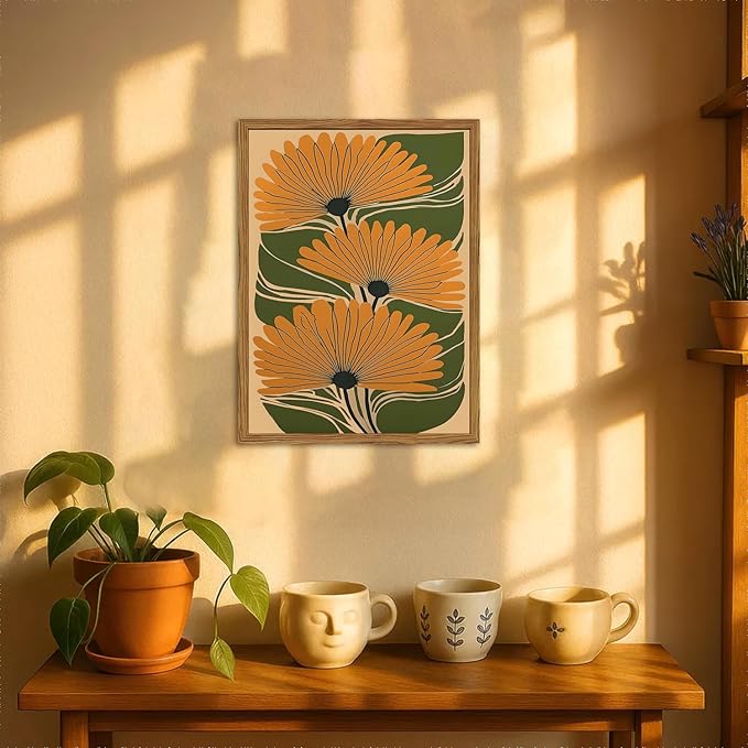 Framed Boho Floral Canvas Wall Art, Vintage Flower Pictures Wall Decor, Abstract Botanical Paintings Prints Maximalist Home Decor for living Room Bedroom Office 12x16 inch
