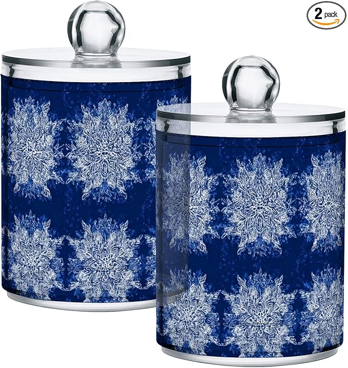 2 Pack Apothecary Jars Blue Snowflake Textile Design Bathroom Vanity Storage Organizer Set,Small Clear Plastic Storage Jars Bathroom Canister for Cotton Swabs, Rounds, Balls, Qtips,Makeup Spong