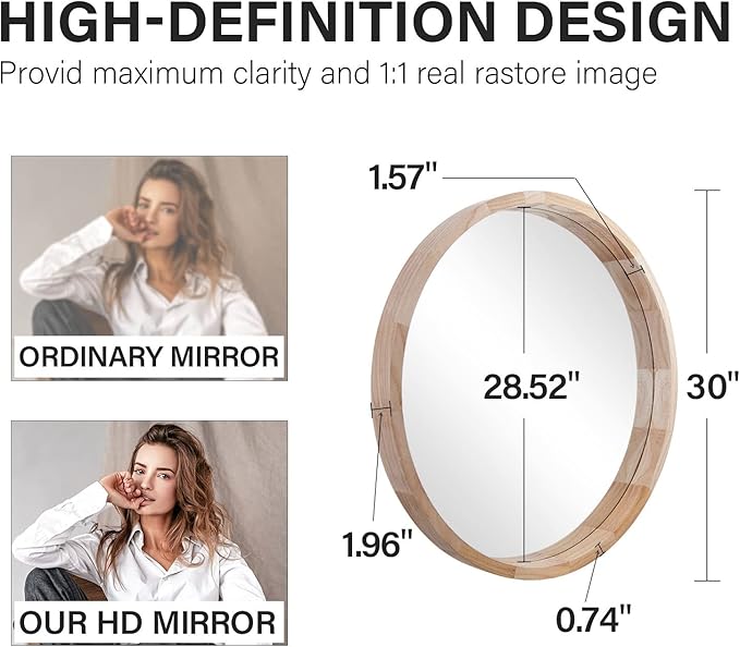 CONGUILIAO Round Mirror, 30 Inches Wood Mirror, Wall Decorative Circle, Nature Big Bathroom Large Vanity Farmhouse for Living Room Bedroom Entryway