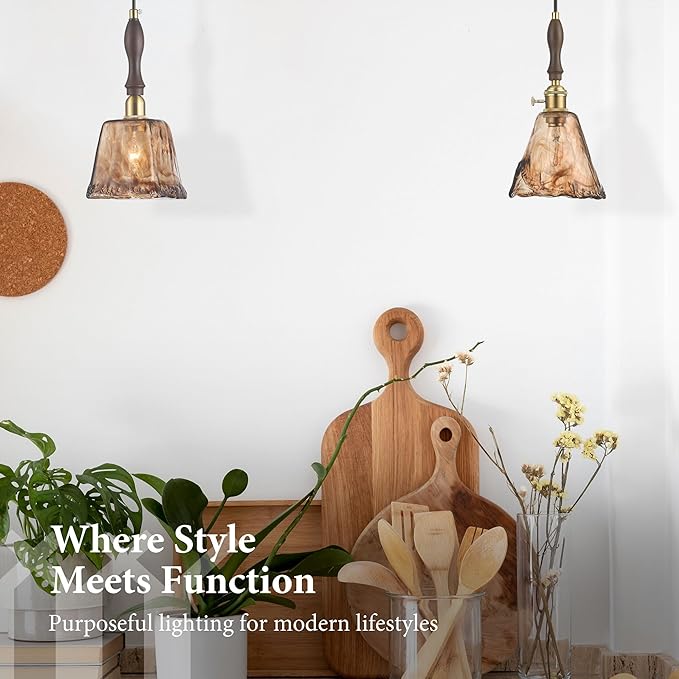 Modern Amber Glass Pendant Light, 6"x11.5" Floral Bell-Shaped Hanging Light with Wood Handle & Brass Cap, 15"-72" Adjustable Line, E26 Socket – Golden Amber Morning Glory