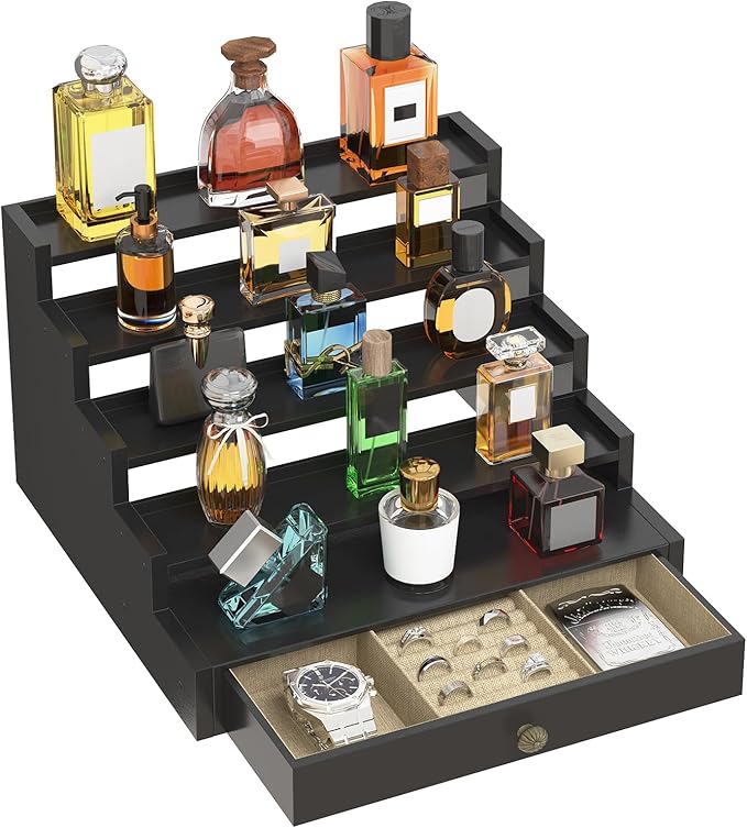 MODOWEY Perfume Organizer Cologne Holder Stand for Men, Wooden Wide-Spaced Shelf with Drawer, 5 Tier Large Capacity Storage Rack for Dresser Countertop, for a Neat, Accessible Fragrance Display, Black