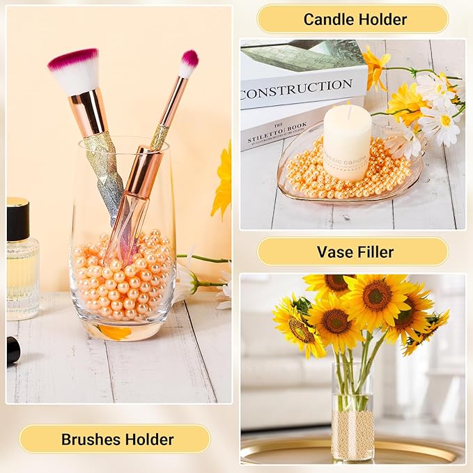 SUREAM 1300Pcs Pearls for Makeup Brush Holder, 8mm/0.31Inch Round Beads for Cosmetic Pencil Storage, Vase Filler for Wedding Centerpiece, Birthday Party, Table Scatter, Home Decoration(Gold, No Hole)