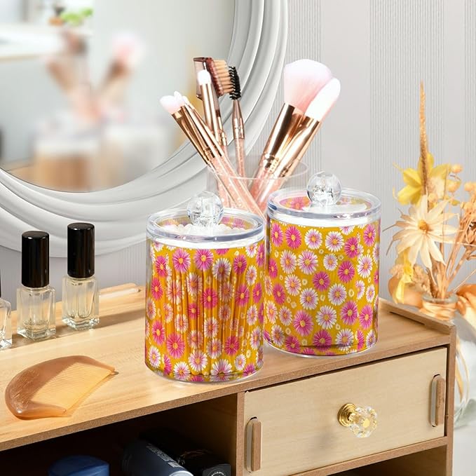 2 Pack Apothecary Jars Small Daisies in Pink Bathroom Vanity Storage Organizer Set,Small Clear Plastic Storage Jars Bathroom Canister for Cotton Swabs, Rounds, Balls, Qtips,Makeup Sponges, Flos