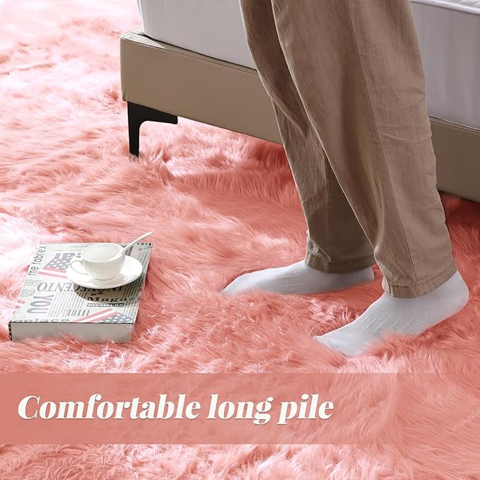 ORINOVA Pink Shag Washable 5x7 Area Rugs for Living Room Big Fluffy Sheepskin Fur Rug for Bedroom Shaggy Nursery Rug