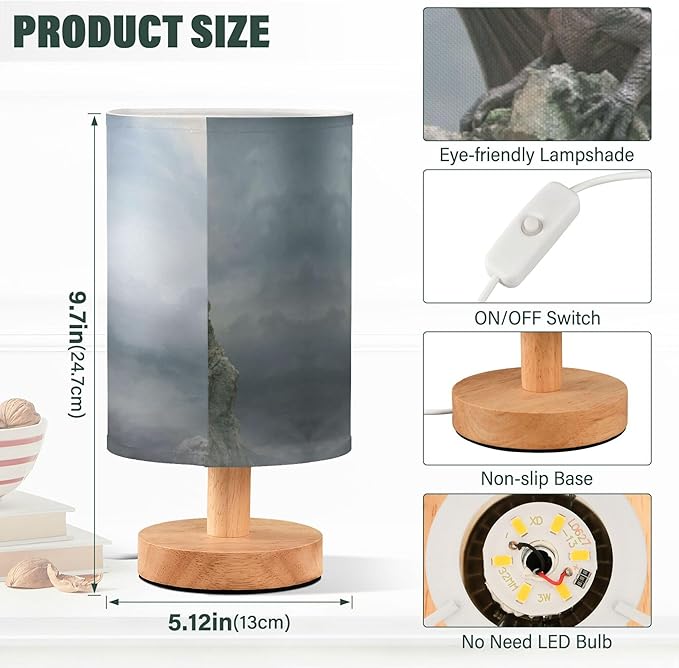Table Lamp Dragon on Rock Nightstand Lamp with Wood Base Fabric Lamp Shade Bedside Desk Lamp for Living Room Bedroom Kids Room Office