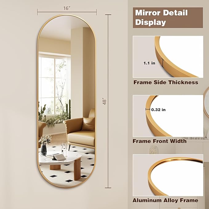 Niccy 48"×16" Oval Full Length Mirror, Long Oval Mirror with Unique Metal Frame Large Explosion-Proof Hanging Mirror for Living Room, Decorative Vanity Mirror for Bathroom, Bedroom, Gold
