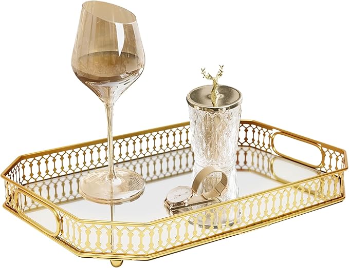Mirror Glass Vanity Tray, Octagonal Perfume Tray Dresser Trays Gold Ornate Makeup Trays Vintage Jewelry Trinket Organizer for Bathroom Dresser Jewelry Display for Home Decor