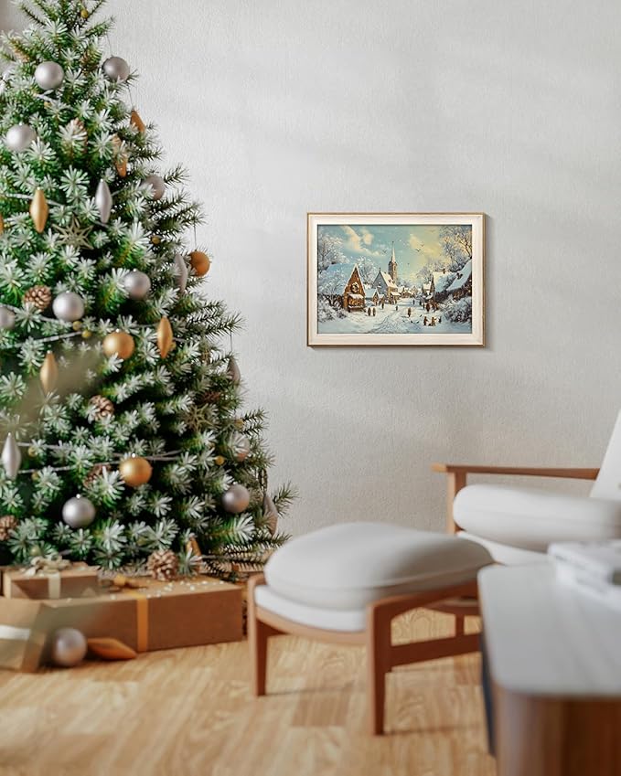 VIYYIEA Winter Framed Wall Art for Living Room, Snow Village Canvas Prints, Oil Painting Home Decor, Christmas Picture, Bathroom Wall Decor Gifts for Friends or Family - 16L x 12W