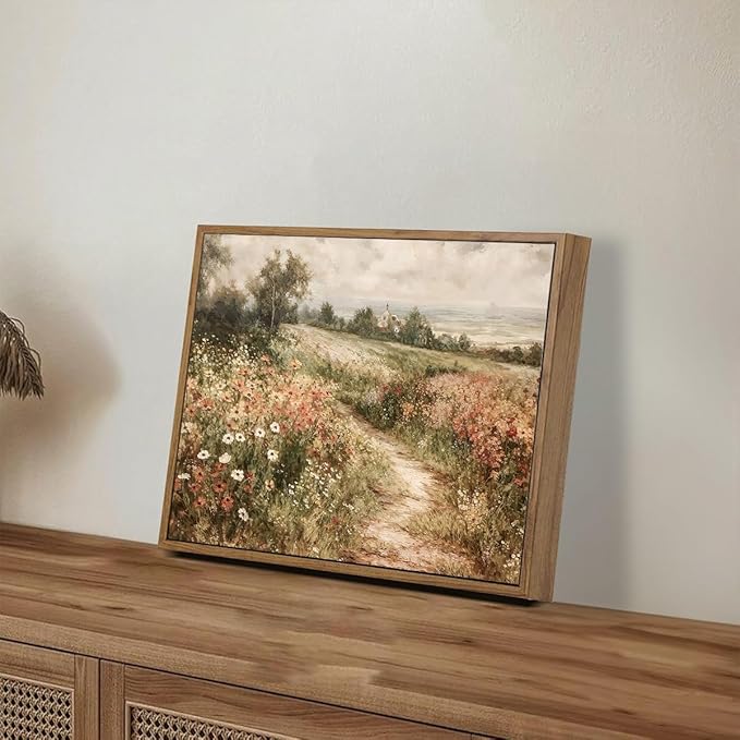 OIQArtOIQ Framed Canvas Wall Art,Vintage Decor,Landscape Nature Country Wildflower Paintings Farmhouse Pictures Modern Artwork Rustic Fall Flower Prints Cottagecore Office Living Room Bedroom Bathroom