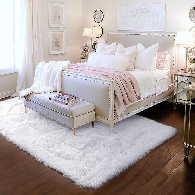 White Area Rugs for Bedroom Living Room, Fluffy Shag Rug 5x7 for Kids Room Decor, Modern Furry Plush Rugs for Baby Nursery, Teen Girls Boys, Cute Fuzzy White Fur Carpet for Dorm, Home Office, Playroom