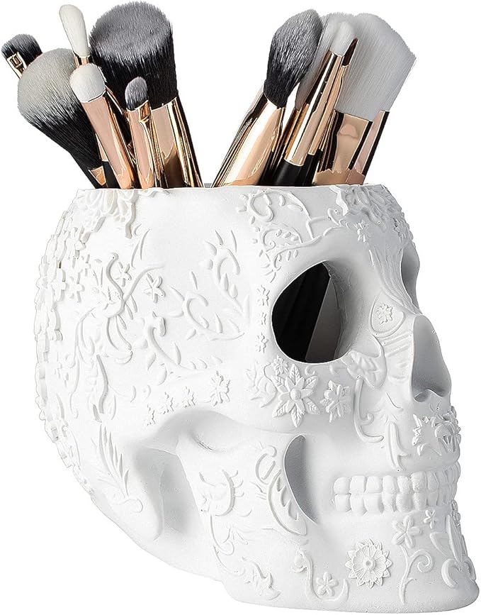 Skull Makeup Brush, Candy Bowl & Pen Holder, Bowl, Spooky Goth Decorations, Extra Large, Strong Resin, Skeleton Skulls and Bones Organizer Bathroom Trick Or Treat Decor by Gute (White)