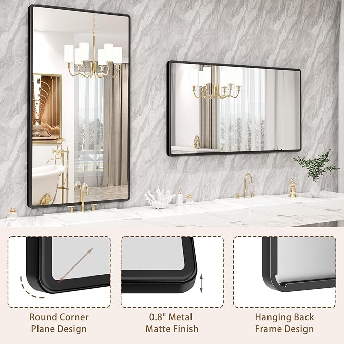 pertetey New Upgrade Bathroom Mirror, 55X30 Inch Black Metal Frame Wall Mounted Rounded Rectangle Bathroom Vanity Mirror with Tempered Glass for Washroom Bedroom Living Room