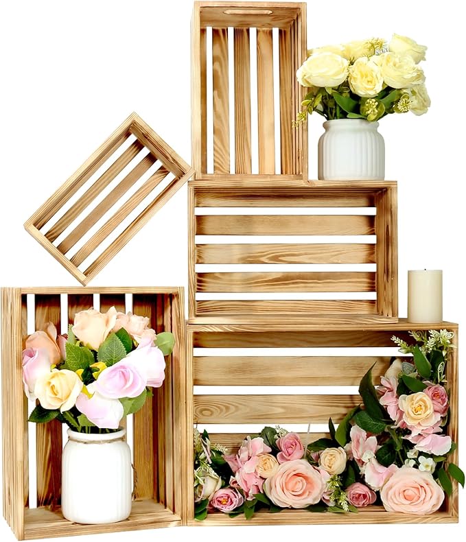 Wooden Crates for Display Large Rustic Nesting Wooden Basket with Handle, Farmhouse Wood Crate for Storage and Container, 5 Size Multipurpose Wood Basket for Fruits Vegetables Boxes XXL