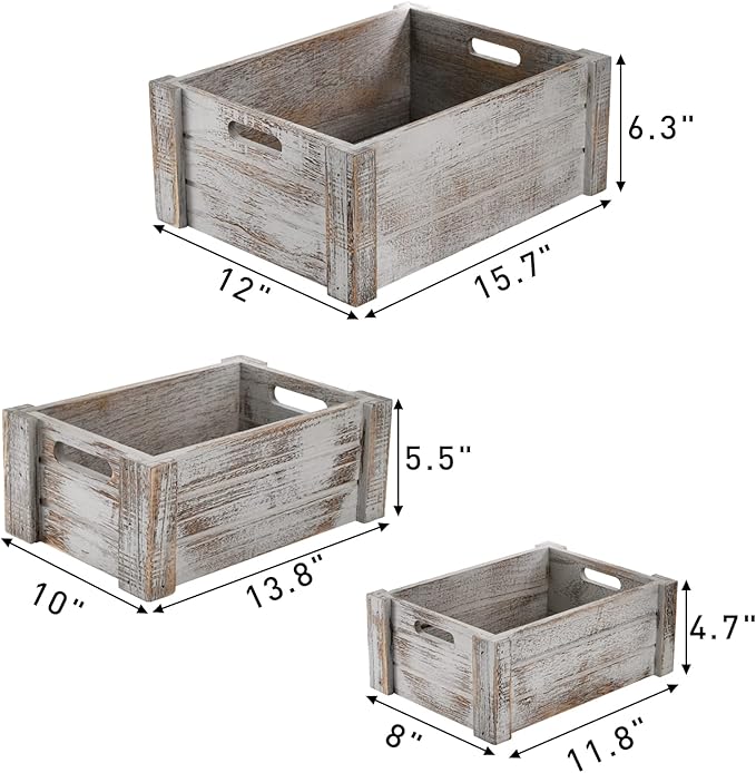Hacaroa 3 Pack Wood Crates with Handles, Rustic Nesting Storage Container Box Decorative Wooden Basket Bins for Fruit, Vegetable, Home, Laundry, Farmhouse, 3 Sizes
